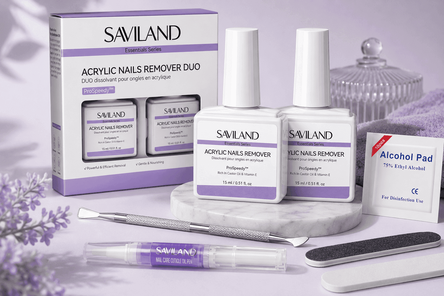 SAVILAND Acrylic Nail Remover Kit with heated soaking bowl, nail tools, and acrylic removal accessories on tabletop setup