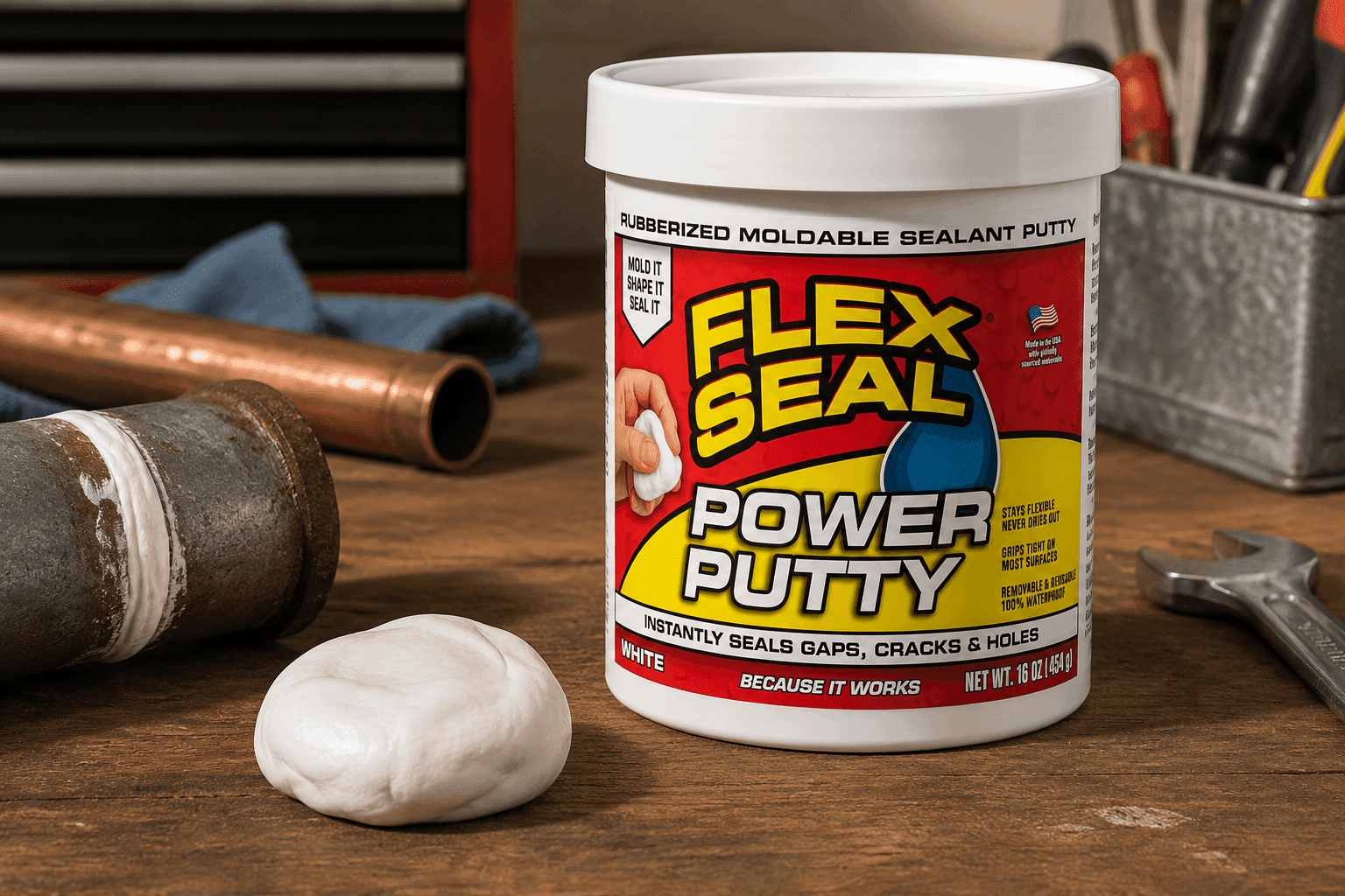 Flex Seal Power Putty container beside waterproof pipe and crack repair application